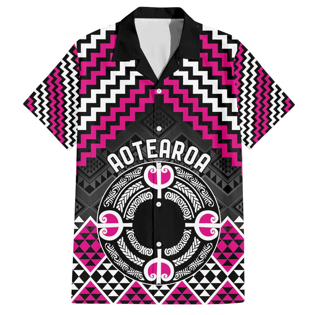 Personalised Aotearoa Niho Taniwha Motif Family Matching Short Sleeve Bodycon Dress and Hawaiian Shirt Pink Style LT9 Dad's Shirt - Short Sleeve Pink - Polynesian Pride