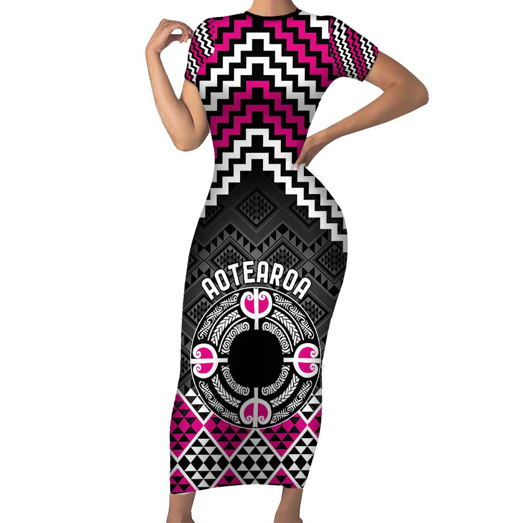 Personalised Aotearoa Niho Taniwha Motif Family Matching Short Sleeve Bodycon Dress and Hawaiian Shirt Pink Style LT9 Mom's Dress Pink - Polynesian Pride