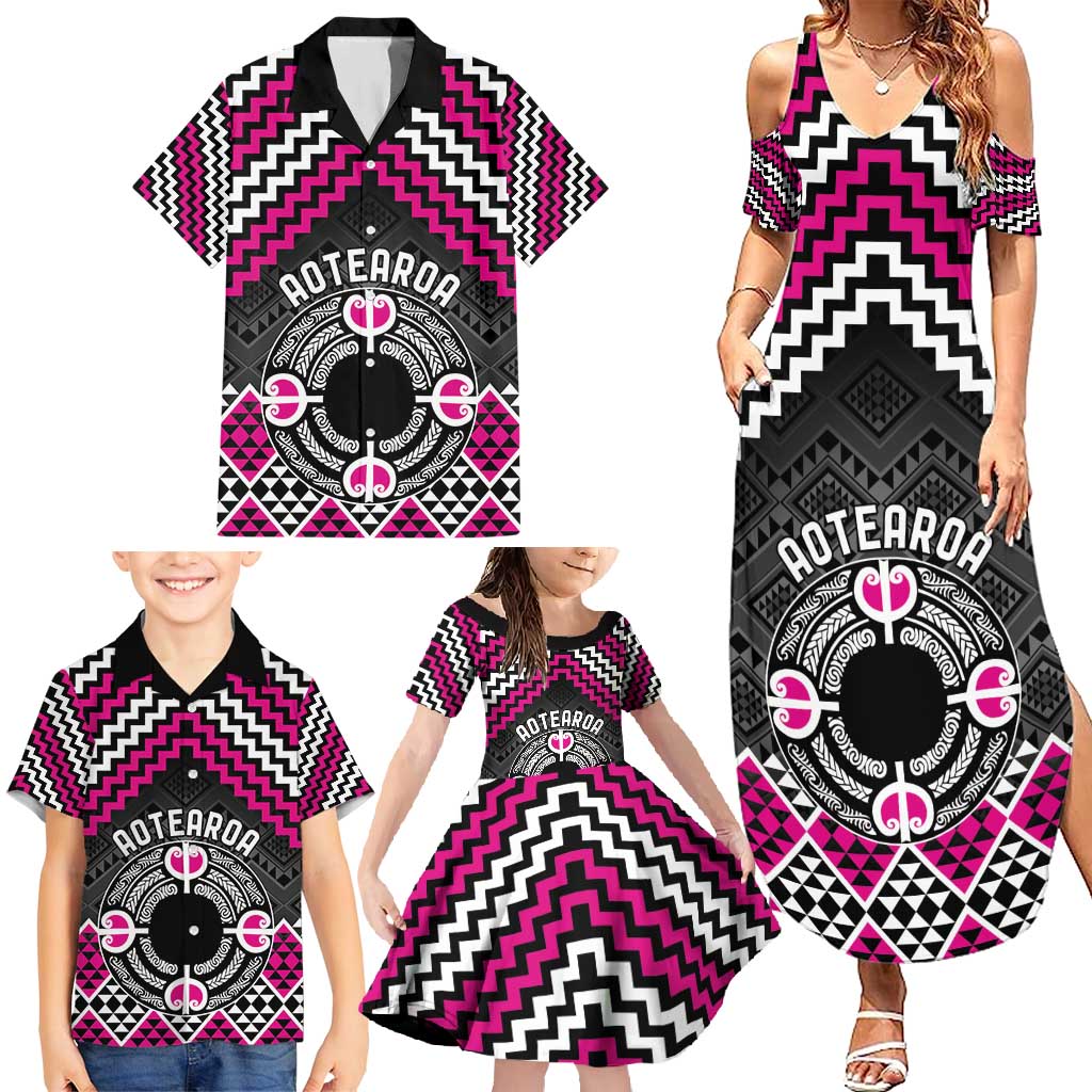 Personalised Aotearoa Niho Taniwha Motif Family Matching Summer Maxi Dress and Hawaiian Shirt Pink Style LT9 - Polynesian Pride