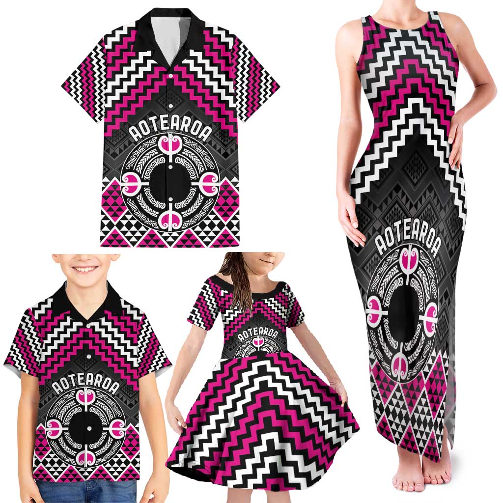 Personalised Aotearoa Niho Taniwha Motif Family Matching Tank Maxi Dress and Hawaiian Shirt Pink Style LT9 - Polynesian Pride