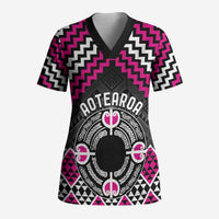 Personalised Aotearoa Niho Taniwha Motif Scrub Top Pink Style - Polynesian Pride