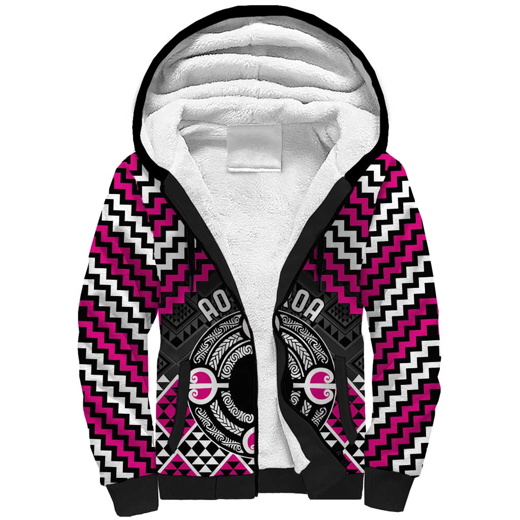 Personalised Aotearoa Niho Taniwha Motif Sherpa Hoodie Pink Style