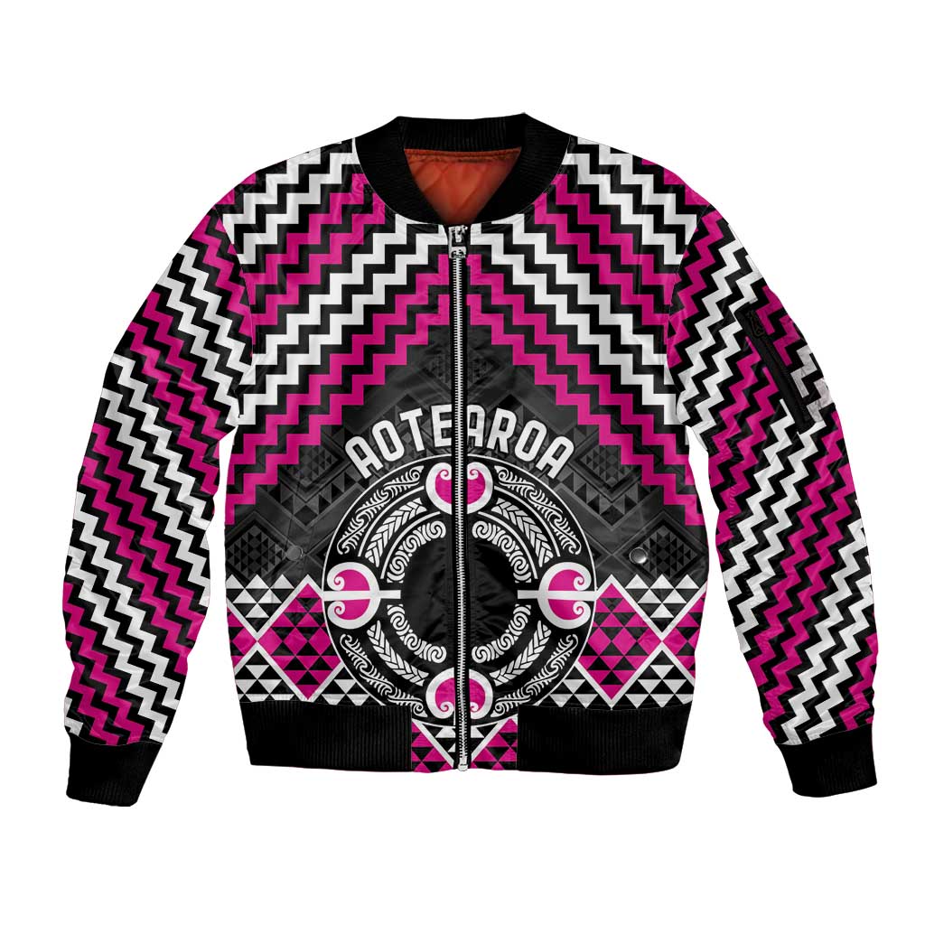 Personalised Aotearoa Niho Taniwha Motif Sleeve Zip Bomber Jacket Pink Style