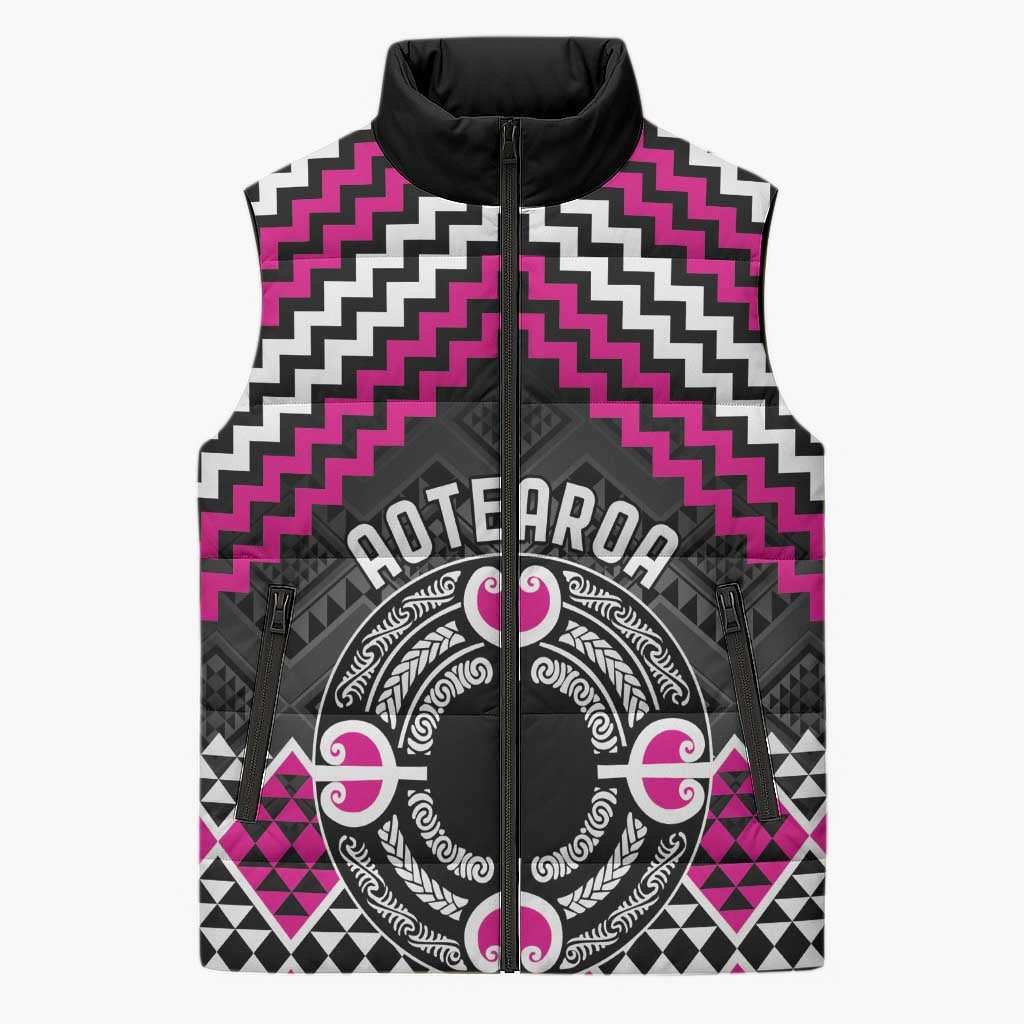 Personalised Aotearoa Niho Taniwha Motif Sleeveless Puffer Jacket Pink Style - Polynesian Pride