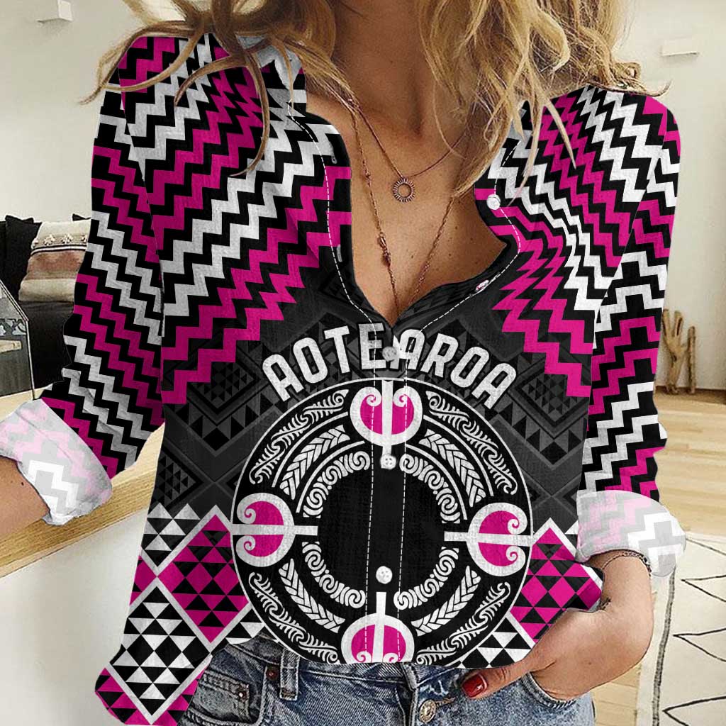 Personalised Aotearoa Niho Taniwha Motif Women Casual Shirt Pink Style LT9 Female Pink - Polynesian Pride