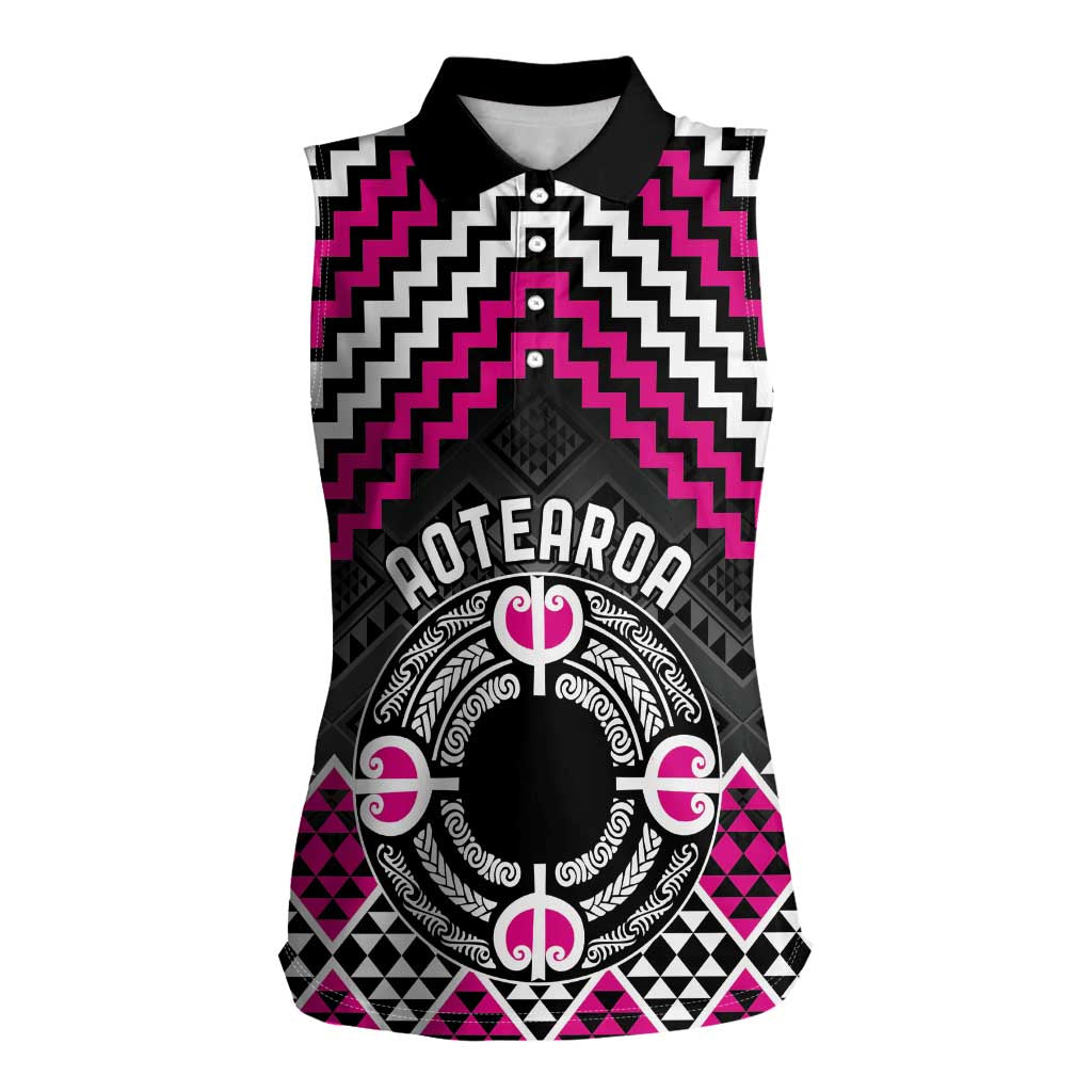 Personalised Aotearoa Niho Taniwha Motif Women Sleeveless Polo Shirt Pink Style LT9 Female Pink - Polynesian Pride