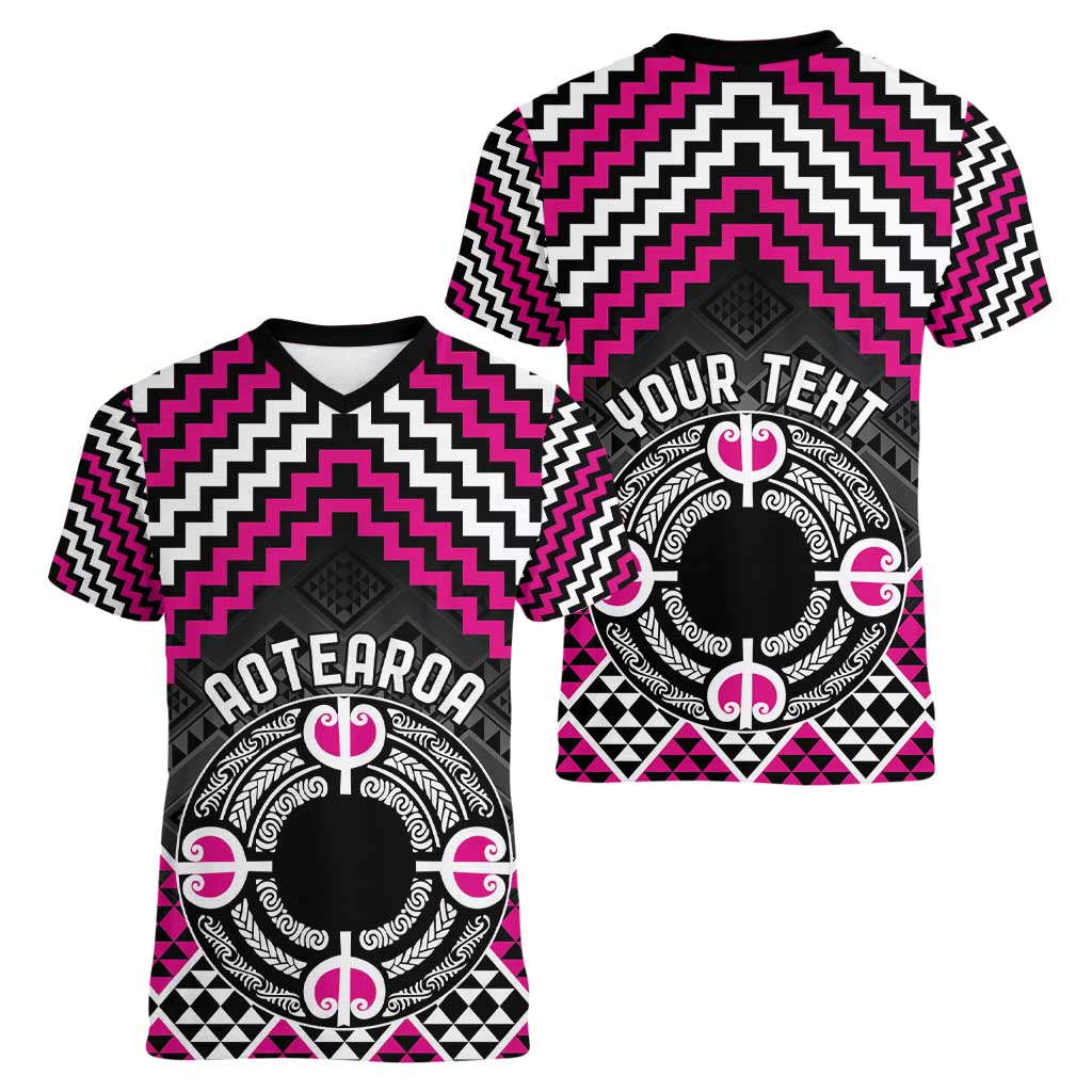 Personalised Aotearoa Niho Taniwha Motif Women V-Neck T-Shirt Pink Style