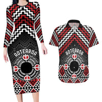 Personalised Aotearoa Niho Taniwha Motif Couples Matching Long Sleeve Bodycon Dress and Hawaiian Shirt Red Style LT9 Red - Polynesian Pride