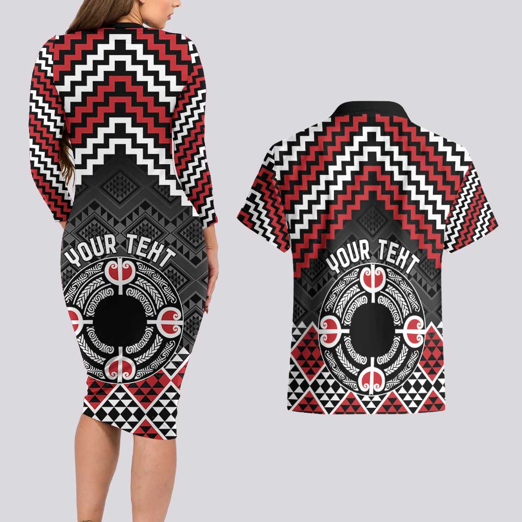 Personalised Aotearoa Niho Taniwha Motif Couples Matching Long Sleeve Bodycon Dress and Hawaiian Shirt Red Style LT9 - Polynesian Pride