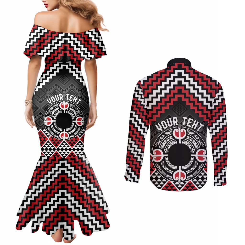 Personalised Aotearoa Niho Taniwha Motif Couples Matching Mermaid Dress and Long Sleeve Button Shirt Red Style