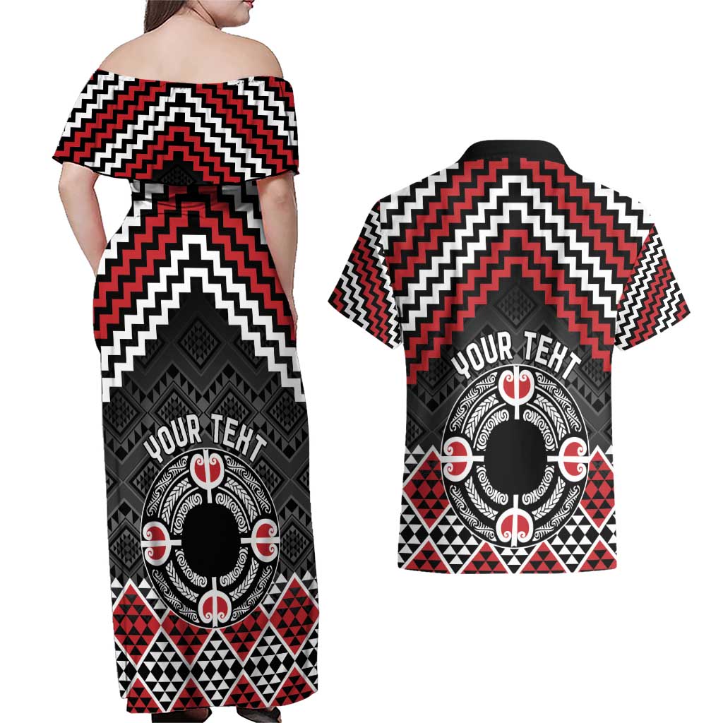 Personalised Aotearoa Niho Taniwha Motif Couples Matching Off Shoulder Maxi Dress and Hawaiian Shirt Red Style LT9 - Polynesian Pride