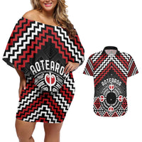 Personalised Aotearoa Niho Taniwha Motif Couples Matching Off Shoulder Short Dress and Hawaiian Shirt Red Style LT9 Red - Polynesian Pride