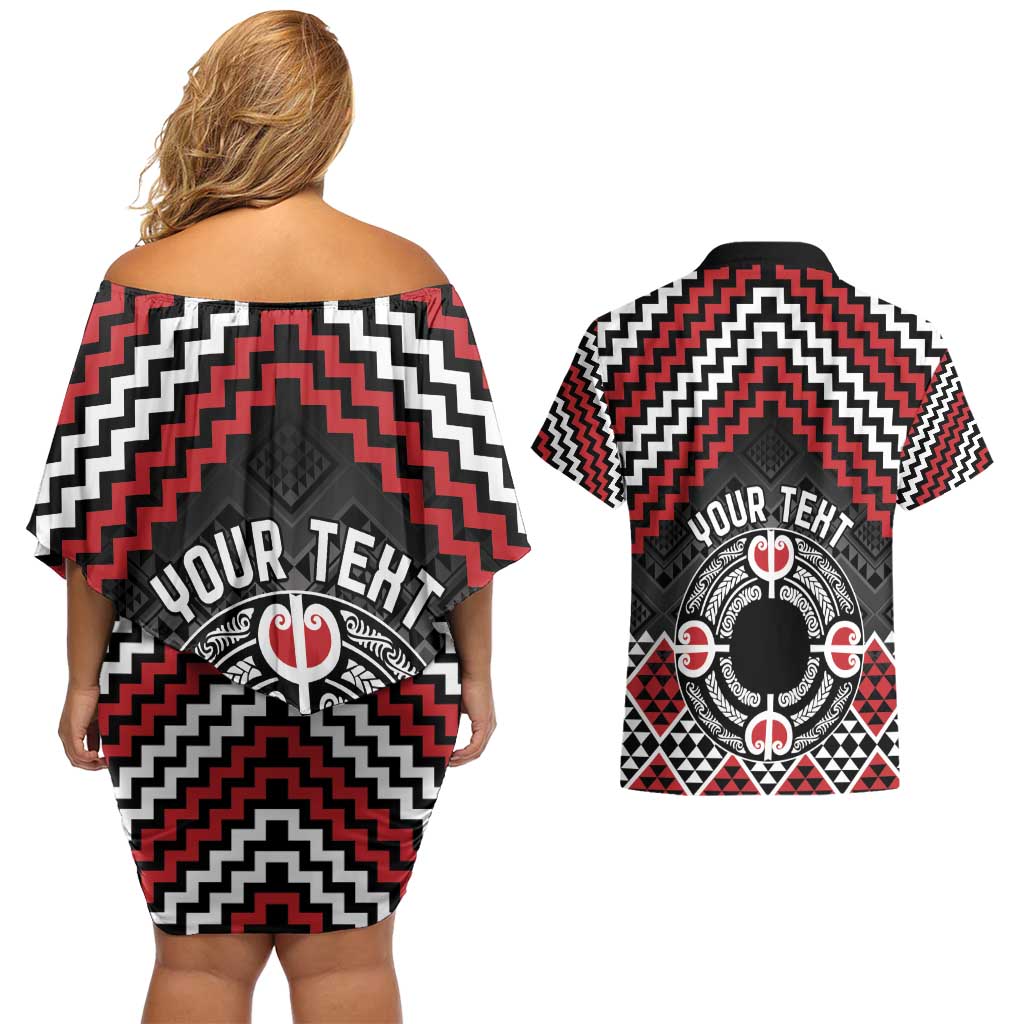 Personalised Aotearoa Niho Taniwha Motif Couples Matching Off Shoulder Short Dress and Hawaiian Shirt Red Style LT9 - Polynesian Pride