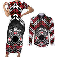Personalised Aotearoa Niho Taniwha Motif Couples Matching Short Sleeve Bodycon Dress and Long Sleeve Button Shirt Red Style LT9 Red - Polynesian Pride
