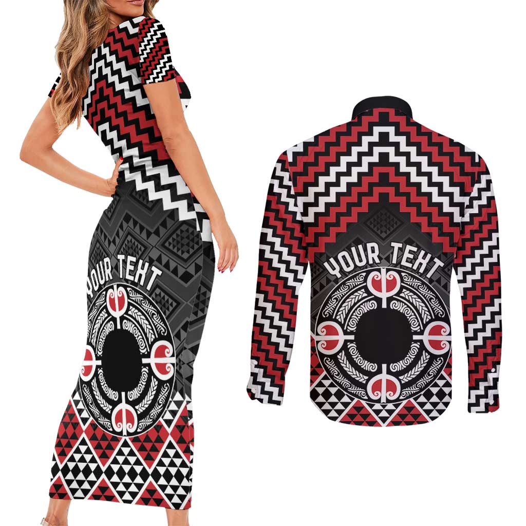 Personalised Aotearoa Niho Taniwha Motif Couples Matching Short Sleeve Bodycon Dress and Long Sleeve Button Shirt Red Style LT9 - Polynesian Pride