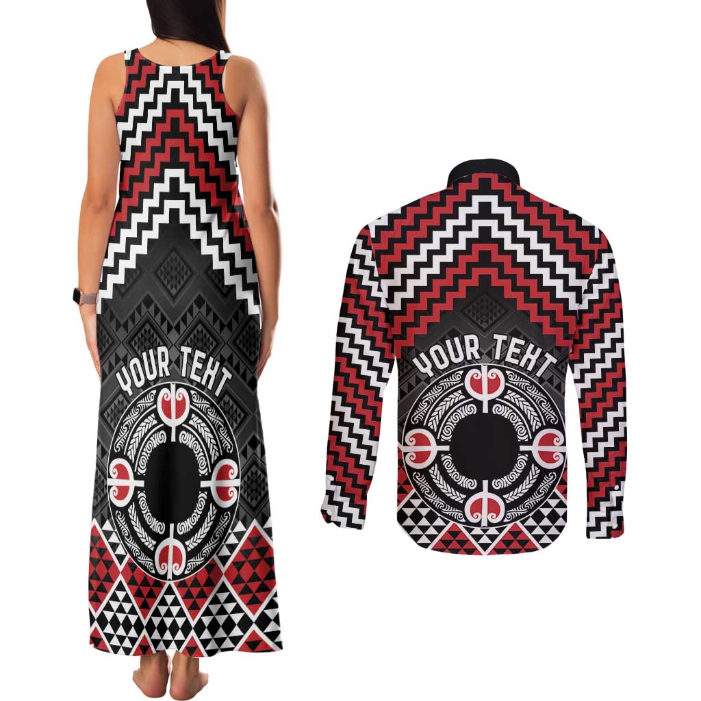 Personalised Aotearoa Niho Taniwha Motif Couples Matching Tank Maxi Dress and Long Sleeve Button Shirt Red Style
