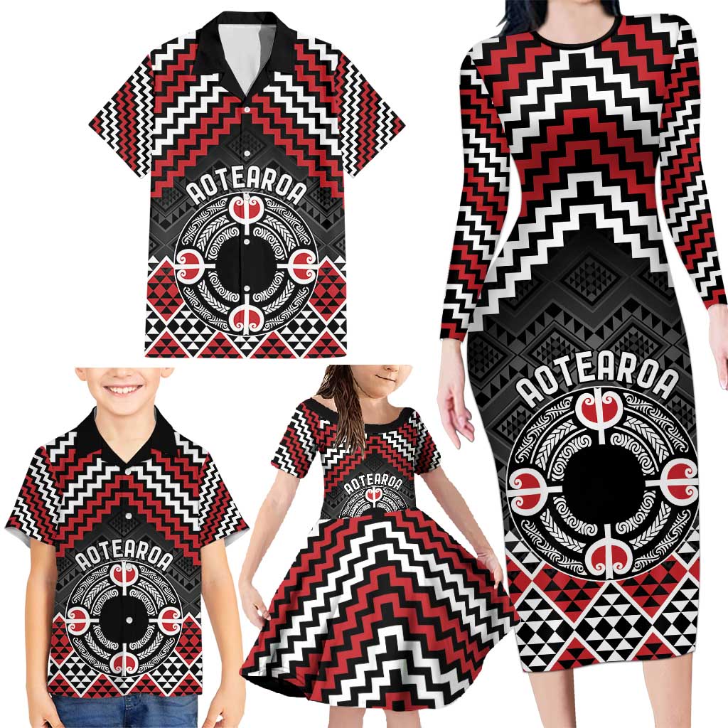Personalised Aotearoa Niho Taniwha Motif Family Matching Long Sleeve Bodycon Dress and Hawaiian Shirt Red Style LT9 - Polynesian Pride