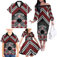 Personalised Aotearoa Niho Taniwha Motif Family Matching Off The Shoulder Long Sleeve Dress and Hawaiian Shirt Red Style
