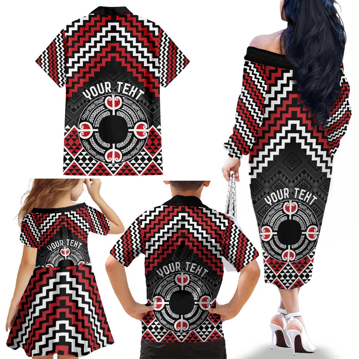 Personalised Aotearoa Niho Taniwha Motif Family Matching Off The Shoulder Long Sleeve Dress and Hawaiian Shirt Red Style