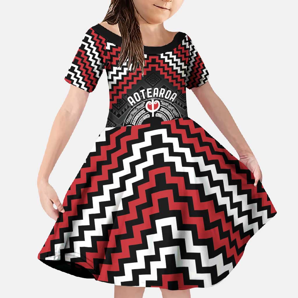 Personalised Aotearoa Niho Taniwha Motif Family Matching Off Shoulder Maxi Dress and Hawaiian Shirt Red Style LT9 Daughter's Dress Red - Polynesian Pride