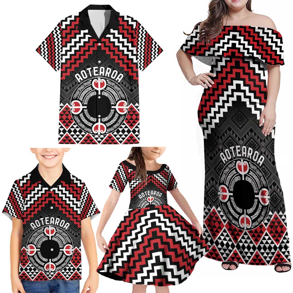 Personalised Aotearoa Niho Taniwha Motif Family Matching Off Shoulder Maxi Dress and Hawaiian Shirt Red Style LT9 - Polynesian Pride