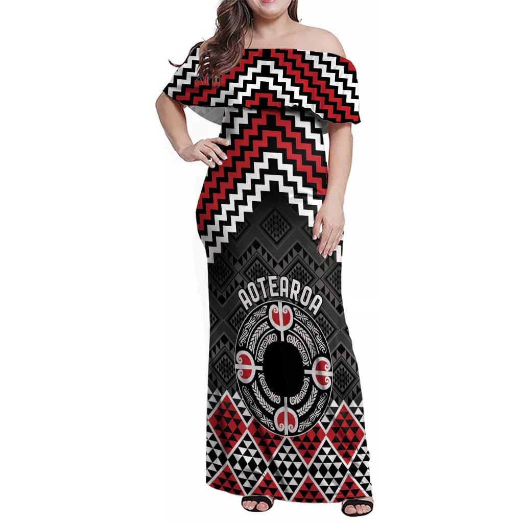 Personalised Aotearoa Niho Taniwha Motif Family Matching Off Shoulder Maxi Dress and Hawaiian Shirt Red Style LT9 Mom's Dress Red - Polynesian Pride