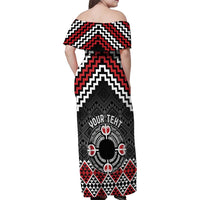 Personalised Aotearoa Niho Taniwha Motif Family Matching Off Shoulder Maxi Dress and Hawaiian Shirt Red Style LT9 - Polynesian Pride