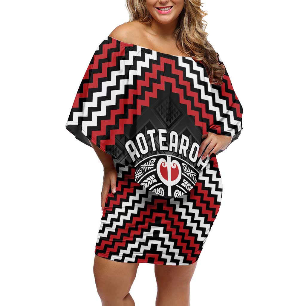 Personalised Aotearoa Niho Taniwha Motif Family Matching Off Shoulder Short Dress and Hawaiian Shirt Red Style LT9 Mom's Dress Red - Polynesian Pride