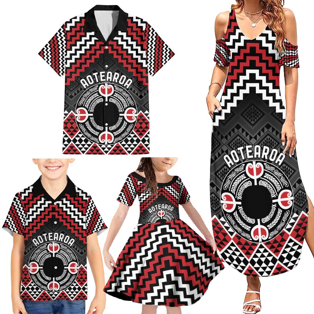 Personalised Aotearoa Niho Taniwha Motif Family Matching Summer Maxi Dress and Hawaiian Shirt Red Style LT9 - Polynesian Pride