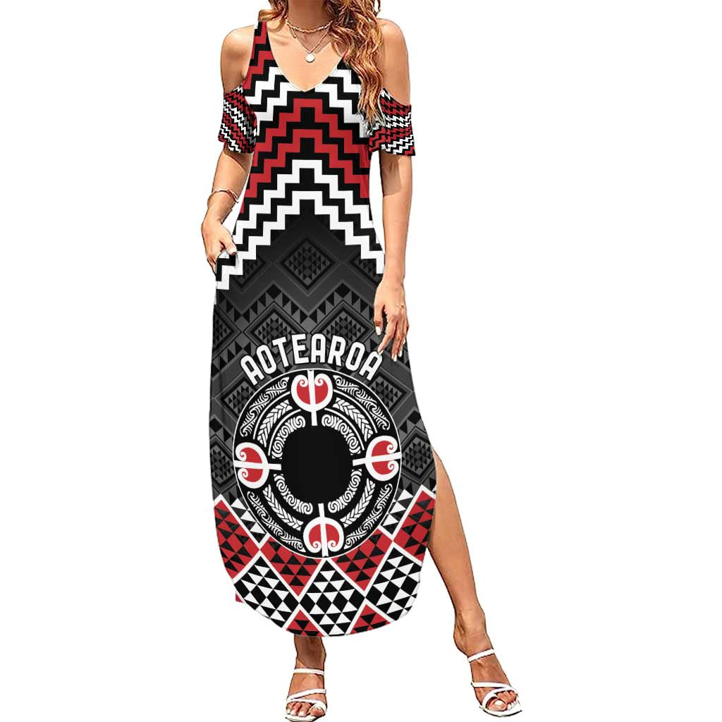 Personalised Aotearoa Niho Taniwha Motif Family Matching Summer Maxi Dress and Hawaiian Shirt Red Style LT9 Mom's Dress Red - Polynesian Pride