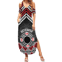 Personalised Aotearoa Niho Taniwha Motif Family Matching Summer Maxi Dress and Hawaiian Shirt Red Style LT9 Mom's Dress Red - Polynesian Pride