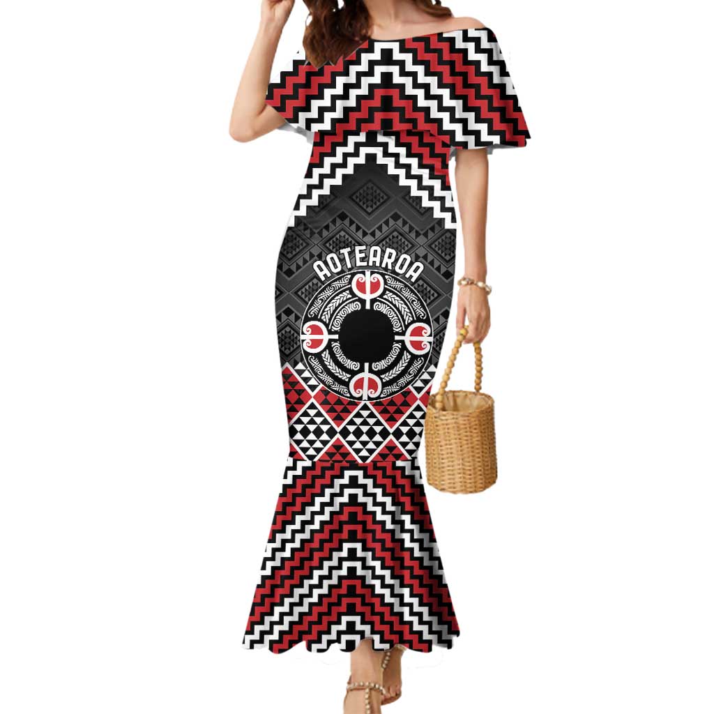 Personalised Aotearoa Niho Taniwha Motif Mermaid Dress Red Style