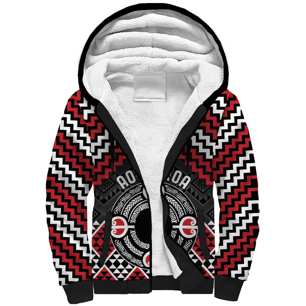 Personalised Aotearoa Niho Taniwha Motif Sherpa Hoodie Red Style