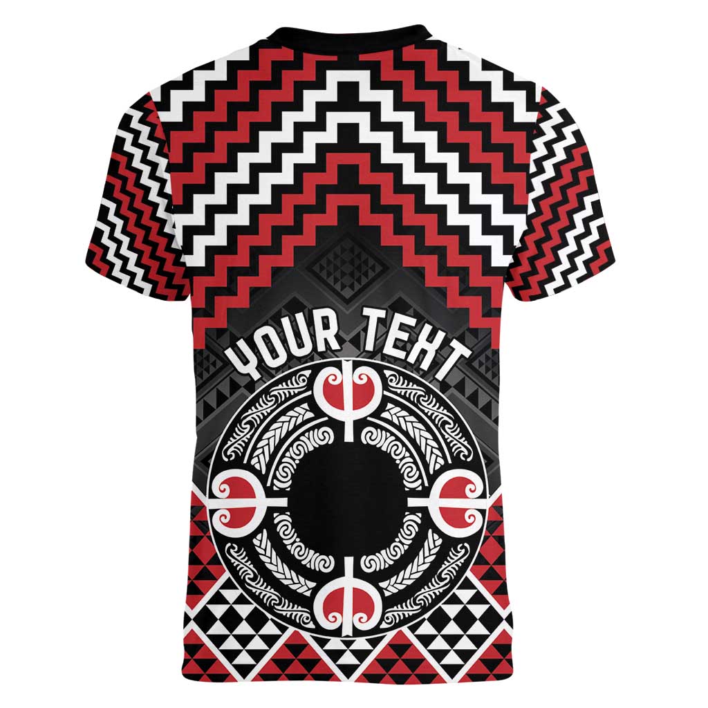 Personalised Aotearoa Niho Taniwha Motif Women V-Neck T-Shirt Red Style LT9 - Polynesian Pride