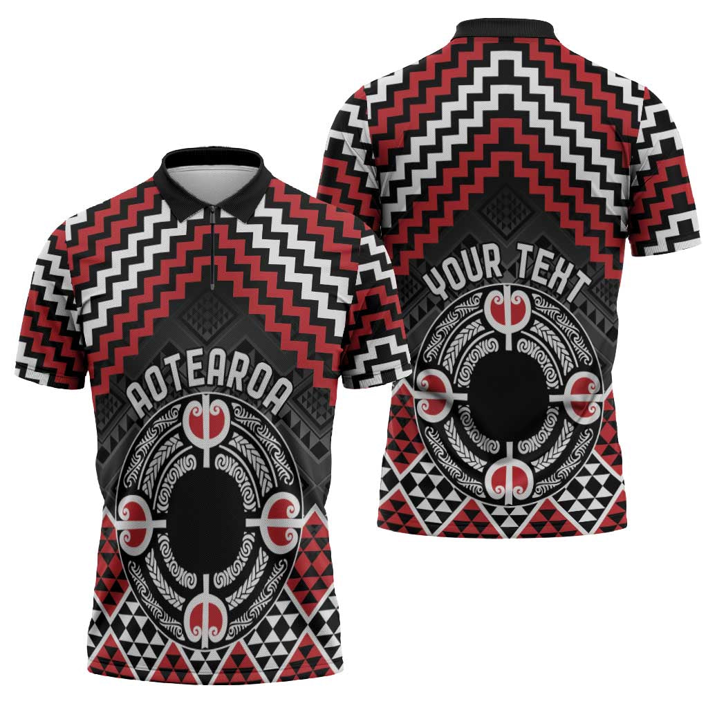 Personalised Aotearoa Niho Taniwha Motif Zipper Polo Shirt Red Style - Polynesian Pride