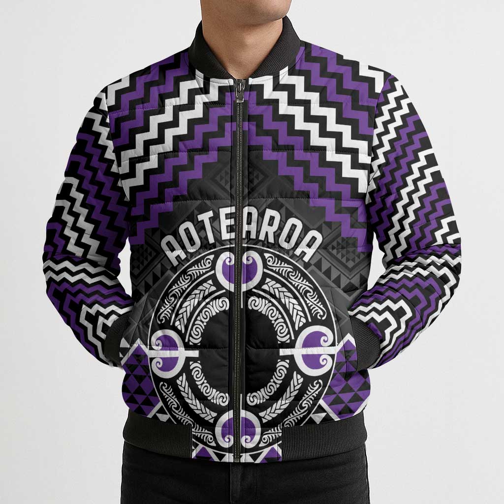 Personalised Aotearoa Niho Taniwha Motif Bomber Puffer Jacket Violet Style - Polynesian Pride