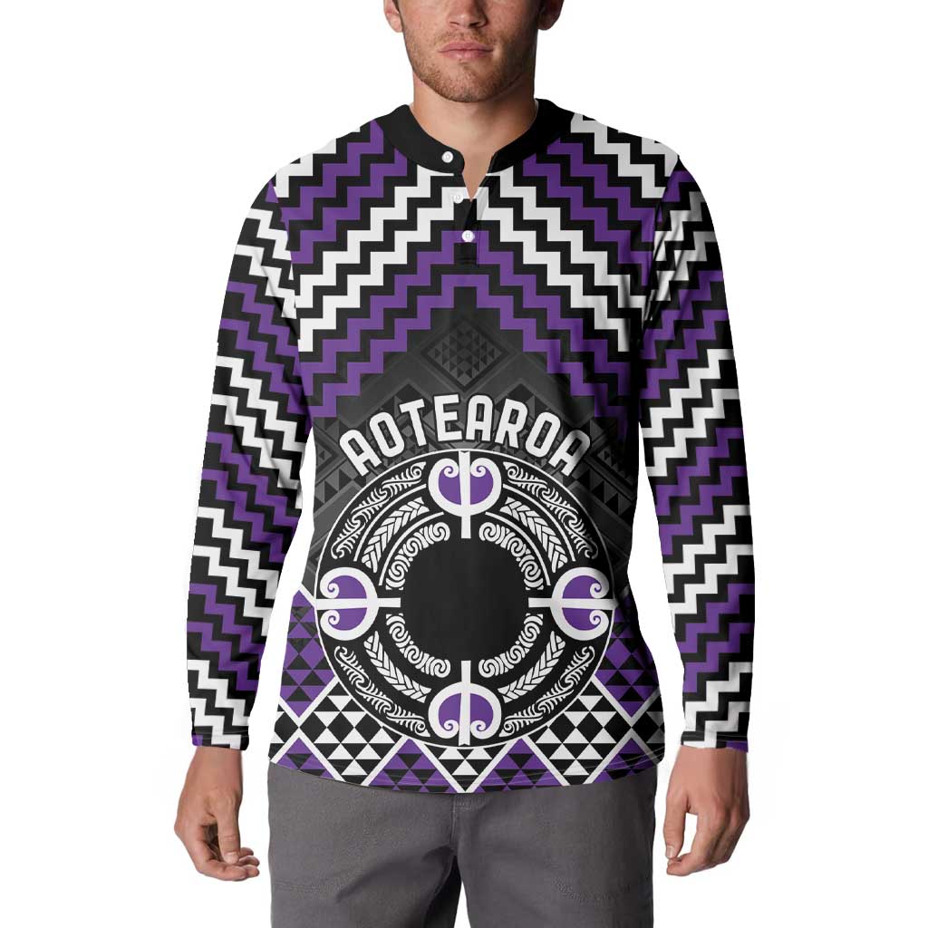 Personalised Aotearoa Niho Taniwha Motif Button Sweatshirt Violet Style LT9 - Polynesian Pride