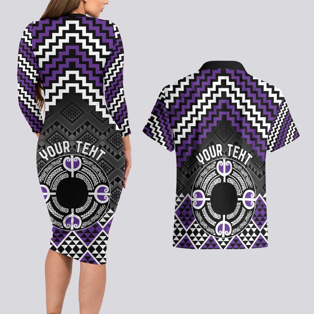 Personalised Aotearoa Niho Taniwha Motif Couples Matching Long Sleeve Bodycon Dress and Hawaiian Shirt Violet Style LT9 - Polynesian Pride