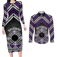 Personalised Aotearoa Niho Taniwha Motif Couples Matching Long Sleeve Bodycon Dress and Long Sleeve Button Shirt Violet Style LT9 Violet - Polynesian Pride