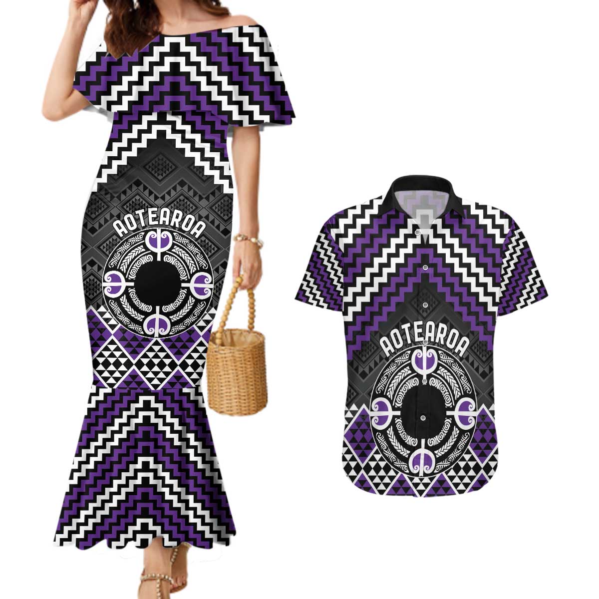 Personalised Aotearoa Niho Taniwha Motif Couples Matching Mermaid Dress and Hawaiian Shirt Violet Style LT9 Violet - Polynesian Pride