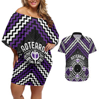 Personalised Aotearoa Niho Taniwha Motif Couples Matching Off Shoulder Short Dress and Hawaiian Shirt Violet Style LT9 Violet - Polynesian Pride