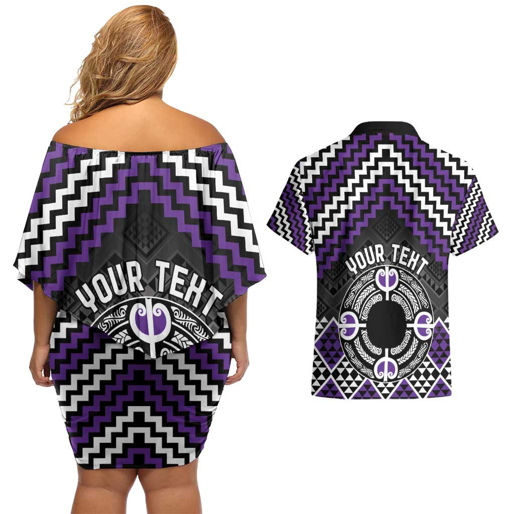 Personalised Aotearoa Niho Taniwha Motif Couples Matching Off Shoulder Short Dress and Hawaiian Shirt Violet Style LT9 - Polynesian Pride