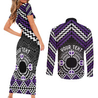Personalised Aotearoa Niho Taniwha Motif Couples Matching Short Sleeve Bodycon Dress and Long Sleeve Button Shirt Violet Style LT9 - Polynesian Pride