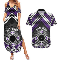 Personalised Aotearoa Niho Taniwha Motif Couples Matching Summer Maxi Dress and Hawaiian Shirt Violet Style LT9 Violet - Polynesian Pride