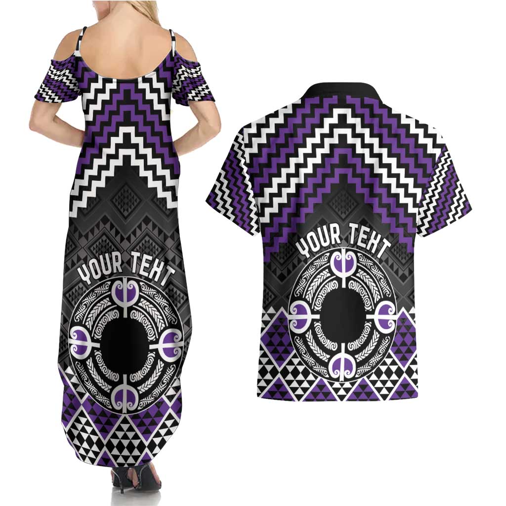 Personalised Aotearoa Niho Taniwha Motif Couples Matching Summer Maxi Dress and Hawaiian Shirt Violet Style LT9 - Polynesian Pride