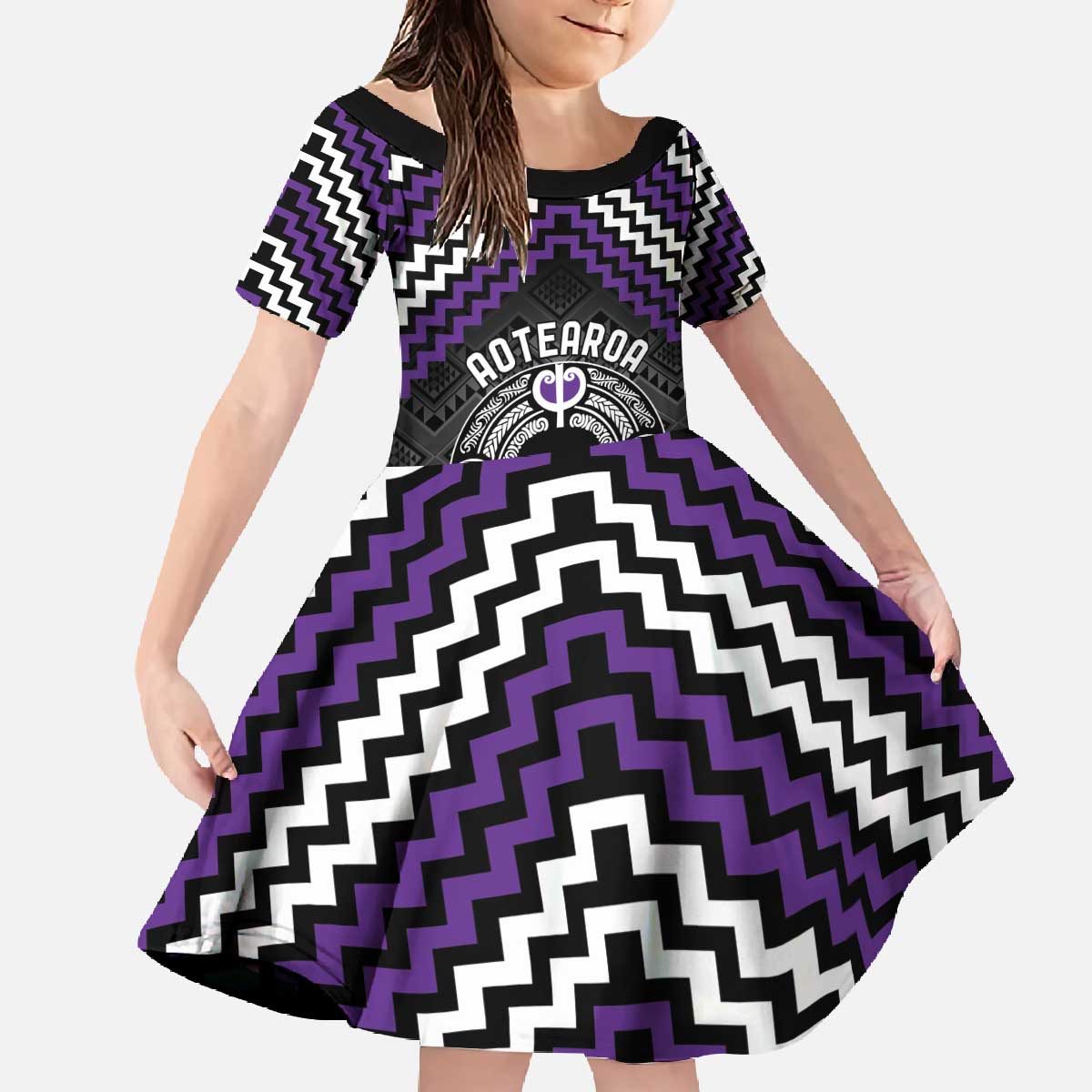Personalised Aotearoa Niho Taniwha Motif Family Matching Off The Shoulder Long Sleeve Dress and Hawaiian Shirt Violet Style