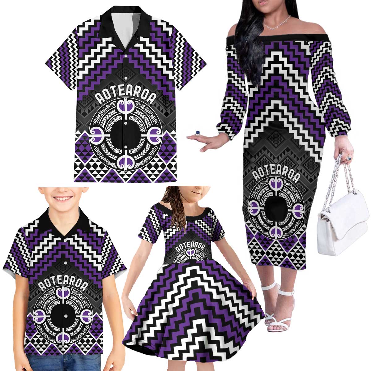 Personalised Aotearoa Niho Taniwha Motif Family Matching Off The Shoulder Long Sleeve Dress and Hawaiian Shirt Violet Style