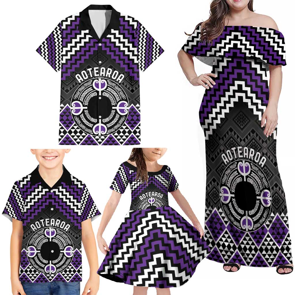 Personalised Aotearoa Niho Taniwha Motif Family Matching Off Shoulder Maxi Dress and Hawaiian Shirt Violet Style LT9 - Polynesian Pride