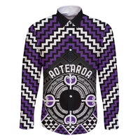Personalised Aotearoa Niho Taniwha Motif Family Matching Off Shoulder Maxi Dress and Hawaiian Shirt Violet Style LT9 Dad's Shirt - Long Sleeve Violet - Polynesian Pride