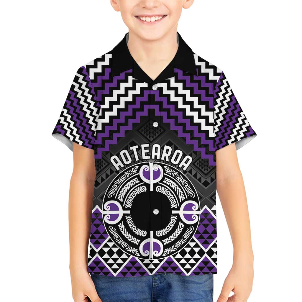Personalised Aotearoa Niho Taniwha Motif Family Matching Off Shoulder Maxi Dress and Hawaiian Shirt Violet Style LT9 Son's Shirt Violet - Polynesian Pride